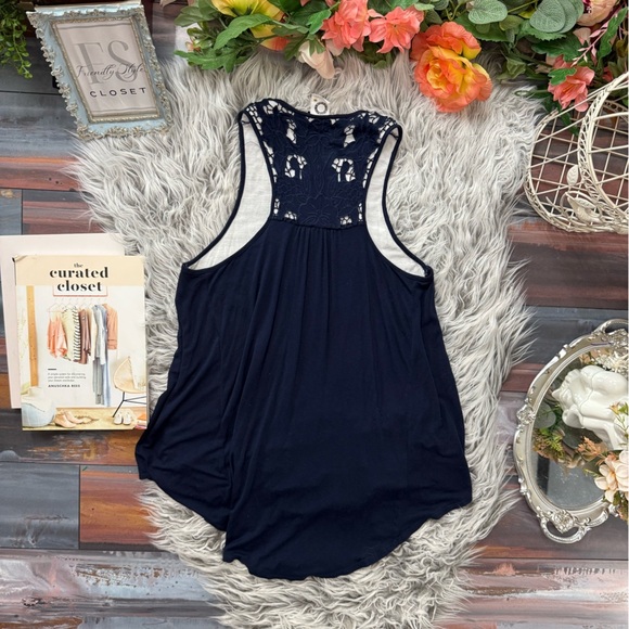 ANTHROPOLOGIE AKEMI + KIN NAVY LINED LACE TANK TOP, XS - Picture 9 of 10